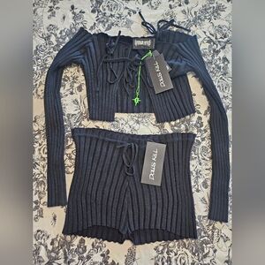 Dolls Kill 2 Piece Pitch Knit Ribbed Shorts Set DARKER WAVS (SOLD OUT)